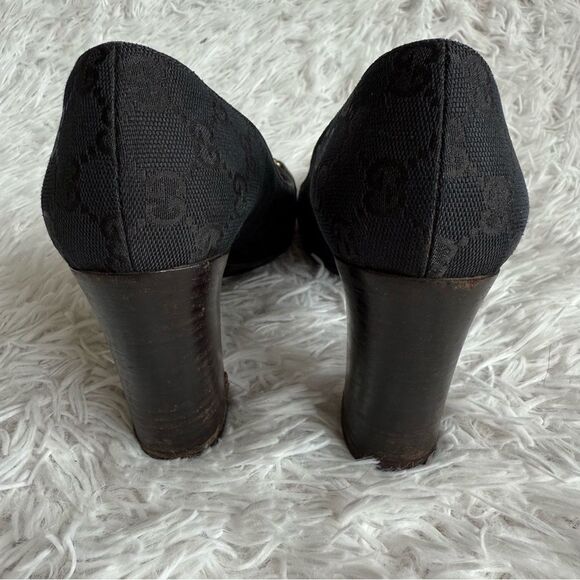 Vintage Y2K Gucci Black GG Web Block Heel Pumps with Gold Horsebit Size 8 - Picture 7 of 12